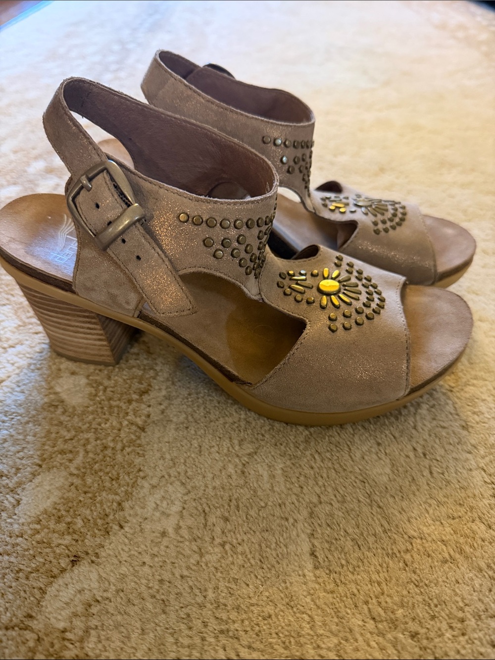 Dansko Taupe Suede Studded Open-Toe Heels